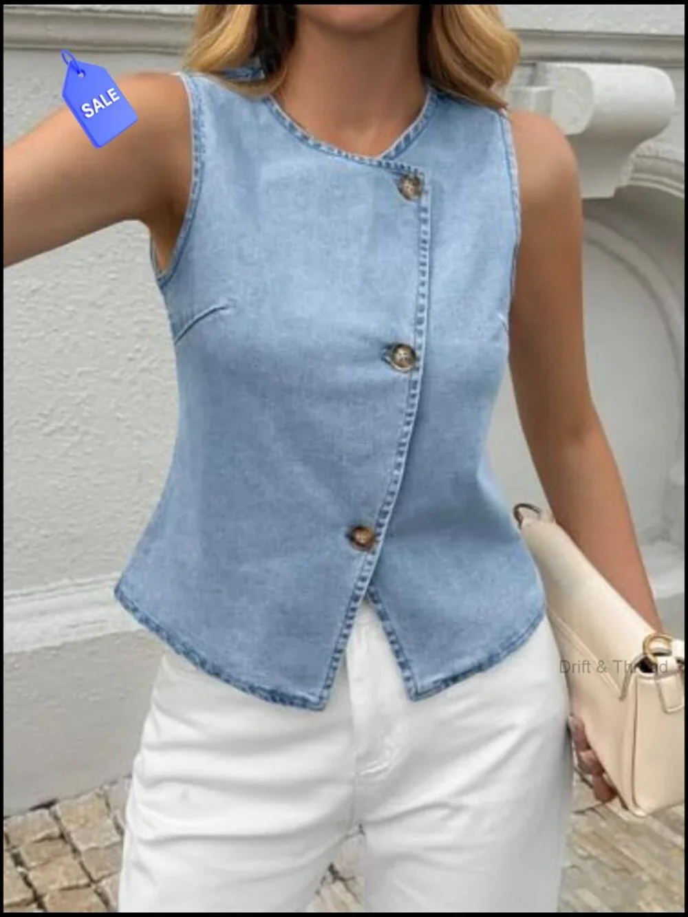 Sleeveless Jean Vest Tank Top Button Down Fitted Denim Waistcoat